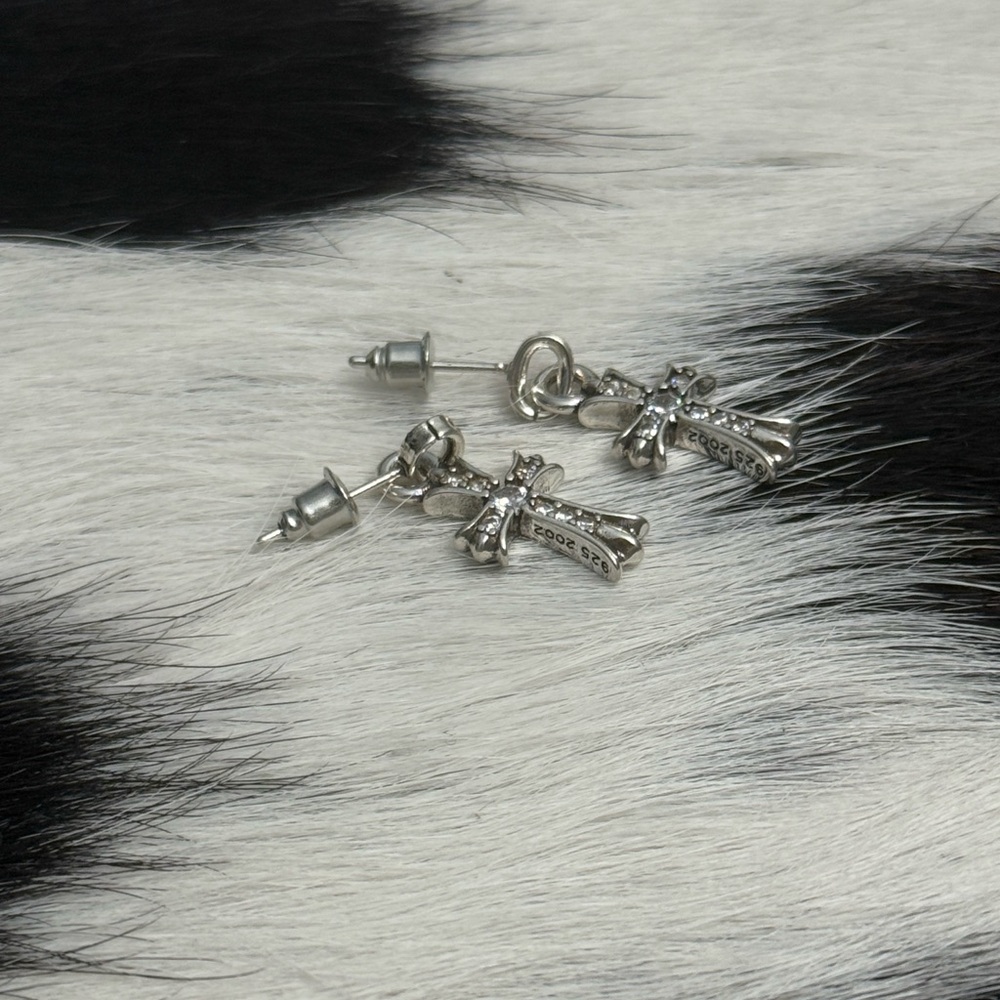 2002 Chrome Hearts Sterling silver Cross Post dangle earrings Pave Rhinestone - Picture 5 of 12
